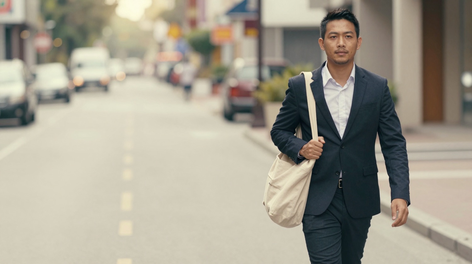 A young professional heading out into a sunlit city street with a canvas bag