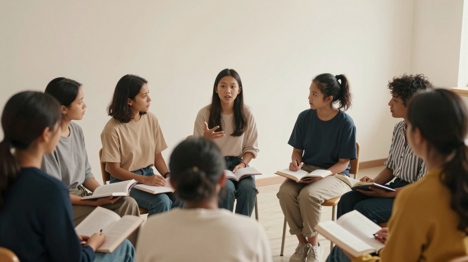 A woman leading a small group seated in a circle with open books
