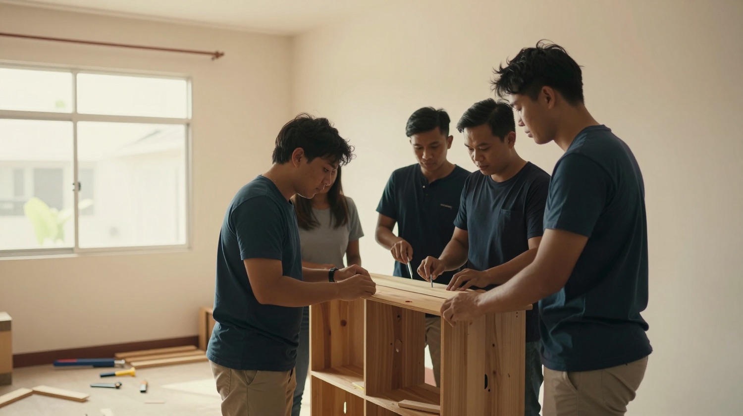 Four young adults building a wooden bookshelf together in a community room