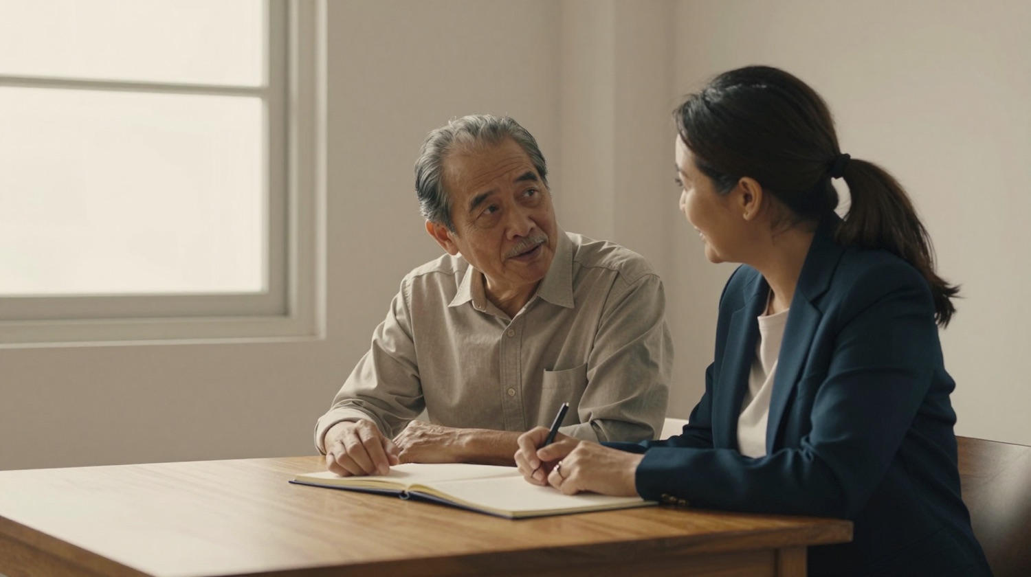A mentor and a younger professional talking across a table with an open notebook