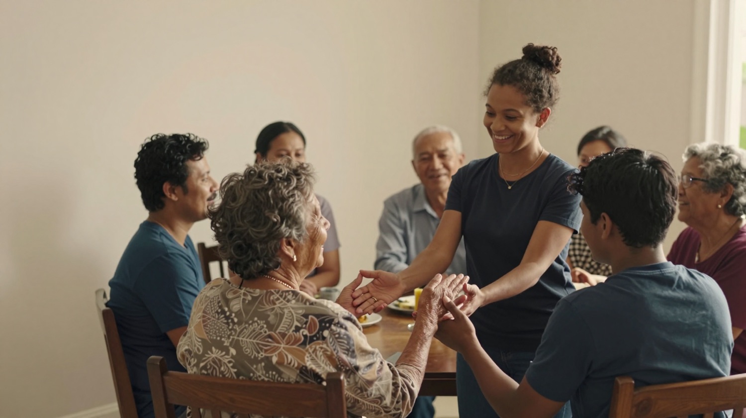 An older woman warmly welcoming a newcomer at a gathering around a table