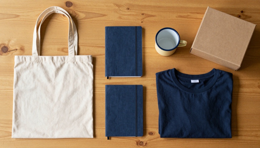 Journals, a tote, a mug and a folded shirt laid out on a wooden table