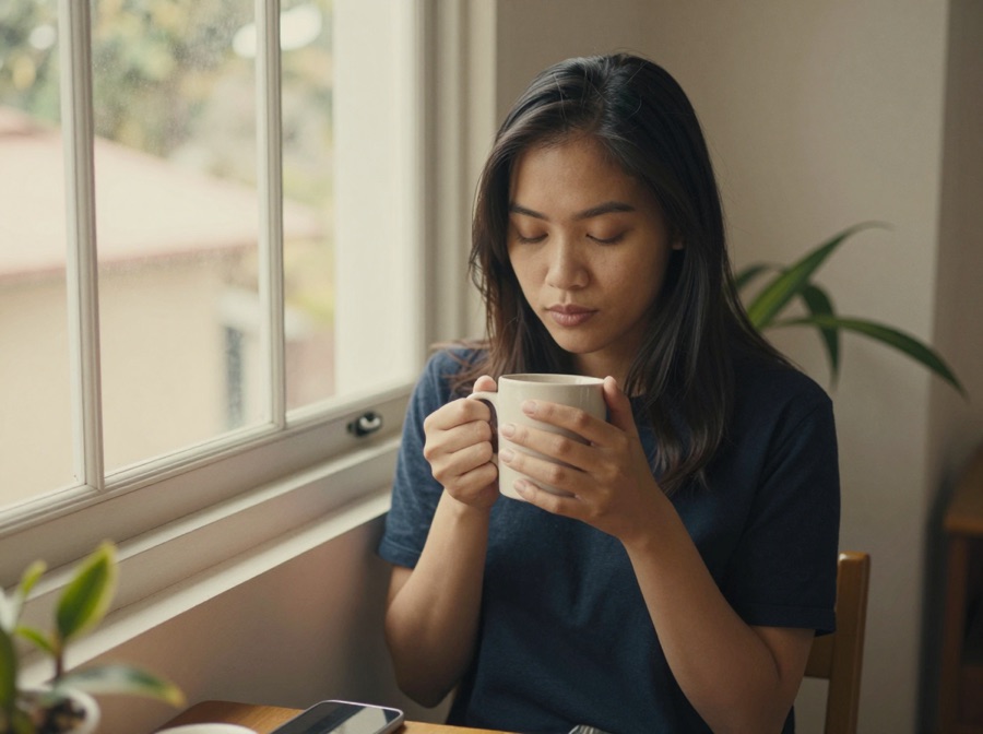 A young woman resting by a window with a warm mug, her phone set face-down