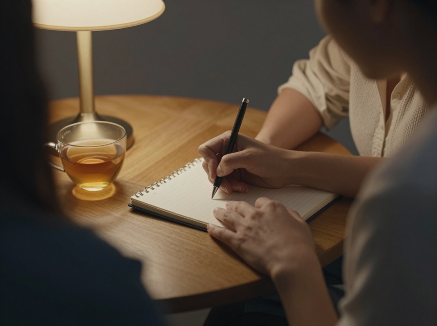 Hands writing slowly in an open notebook under a warm lamp