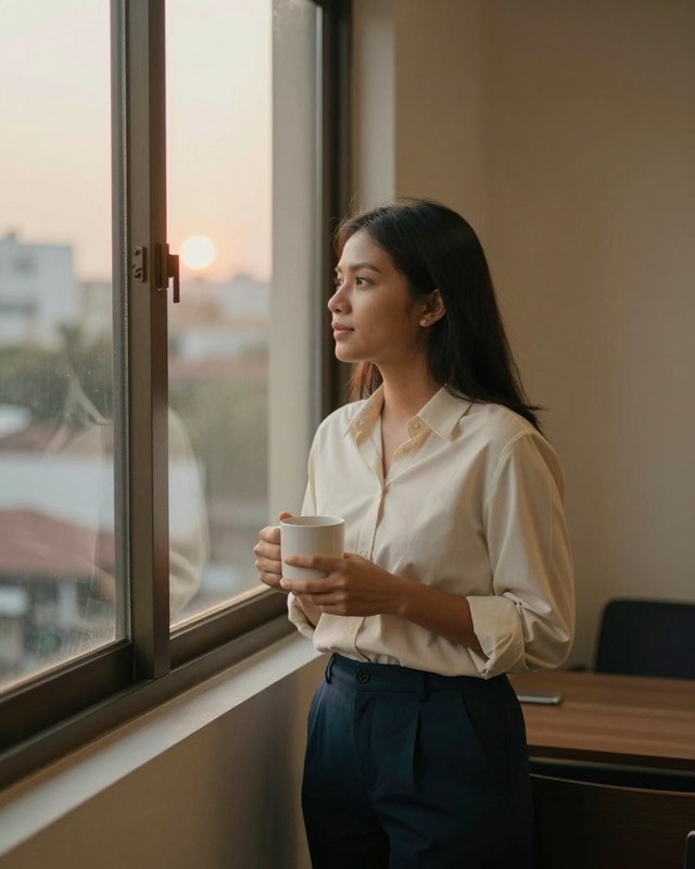 A young professional pausing at an office window at dusk, holding a mug