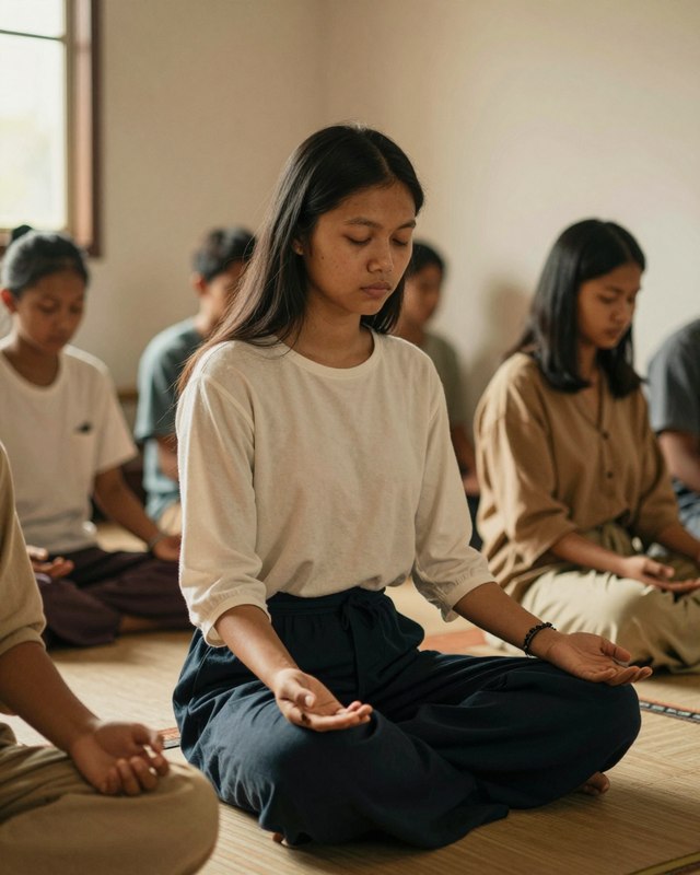 A young woman seated with hands open and eyes closed in a quiet moment of prayer
