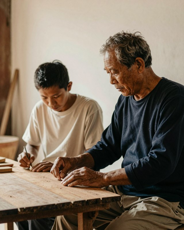 An older craftsman and a younger apprentice working side by side at a wooden bench
