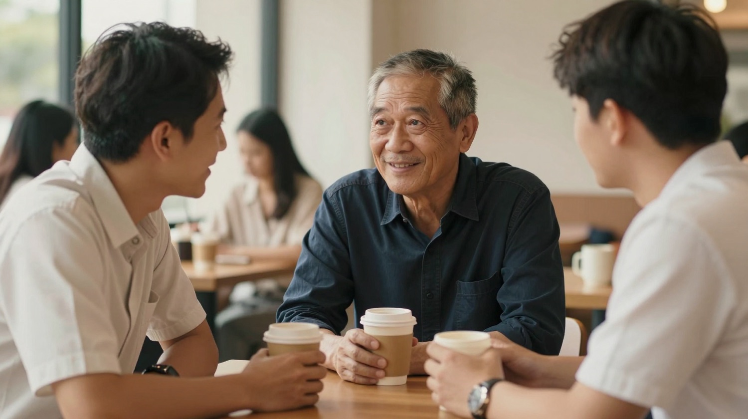 An older mentor talking with two young professionals over coffee